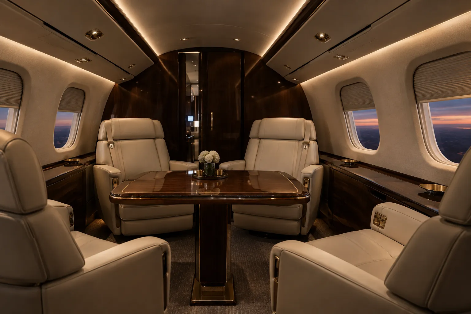 The cabin of a private business jet prepared for a meeting
